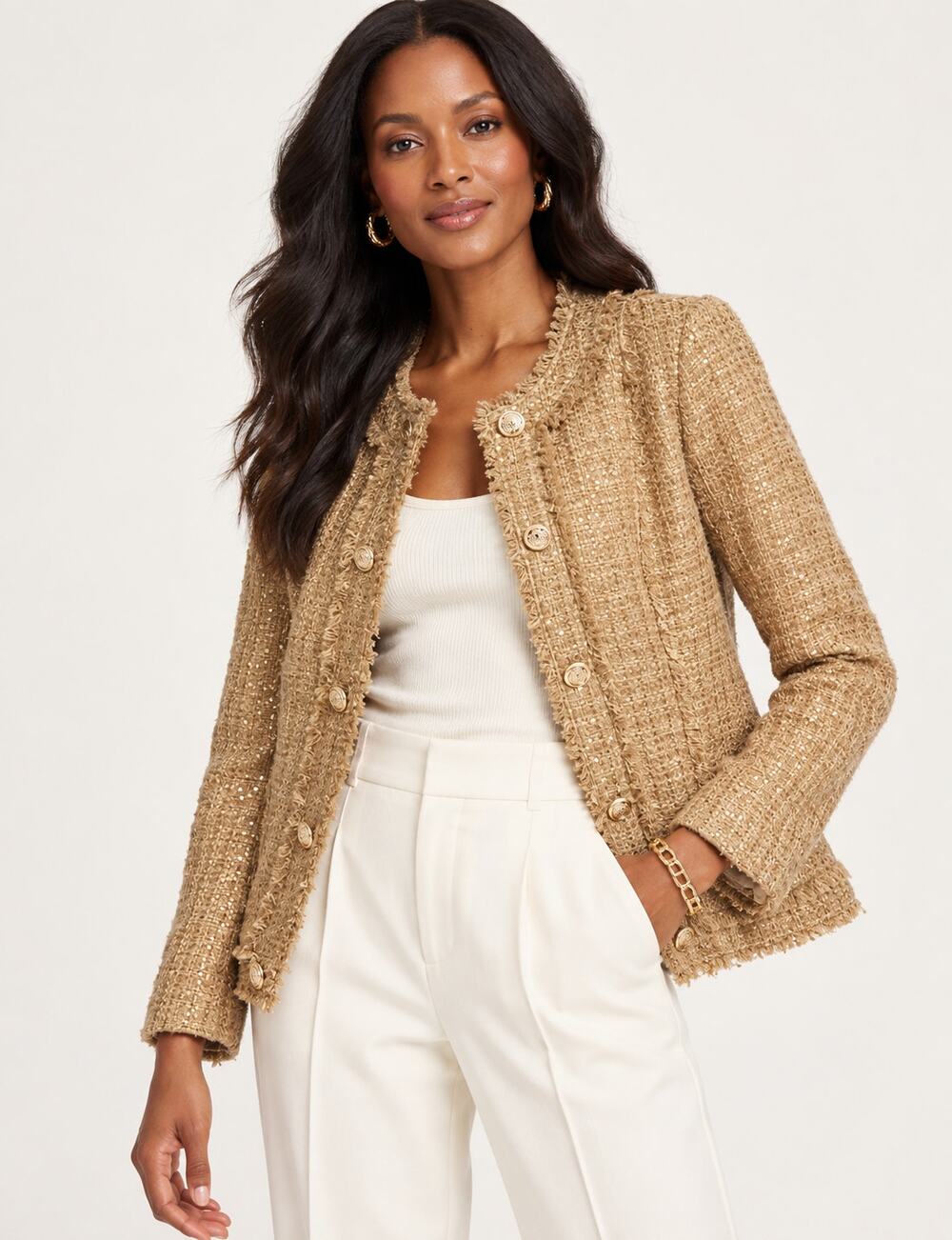 Chico's Long Sleeve Gold Sequin Tweed Open Jacket Womens Size XL Chicos 3 NWT